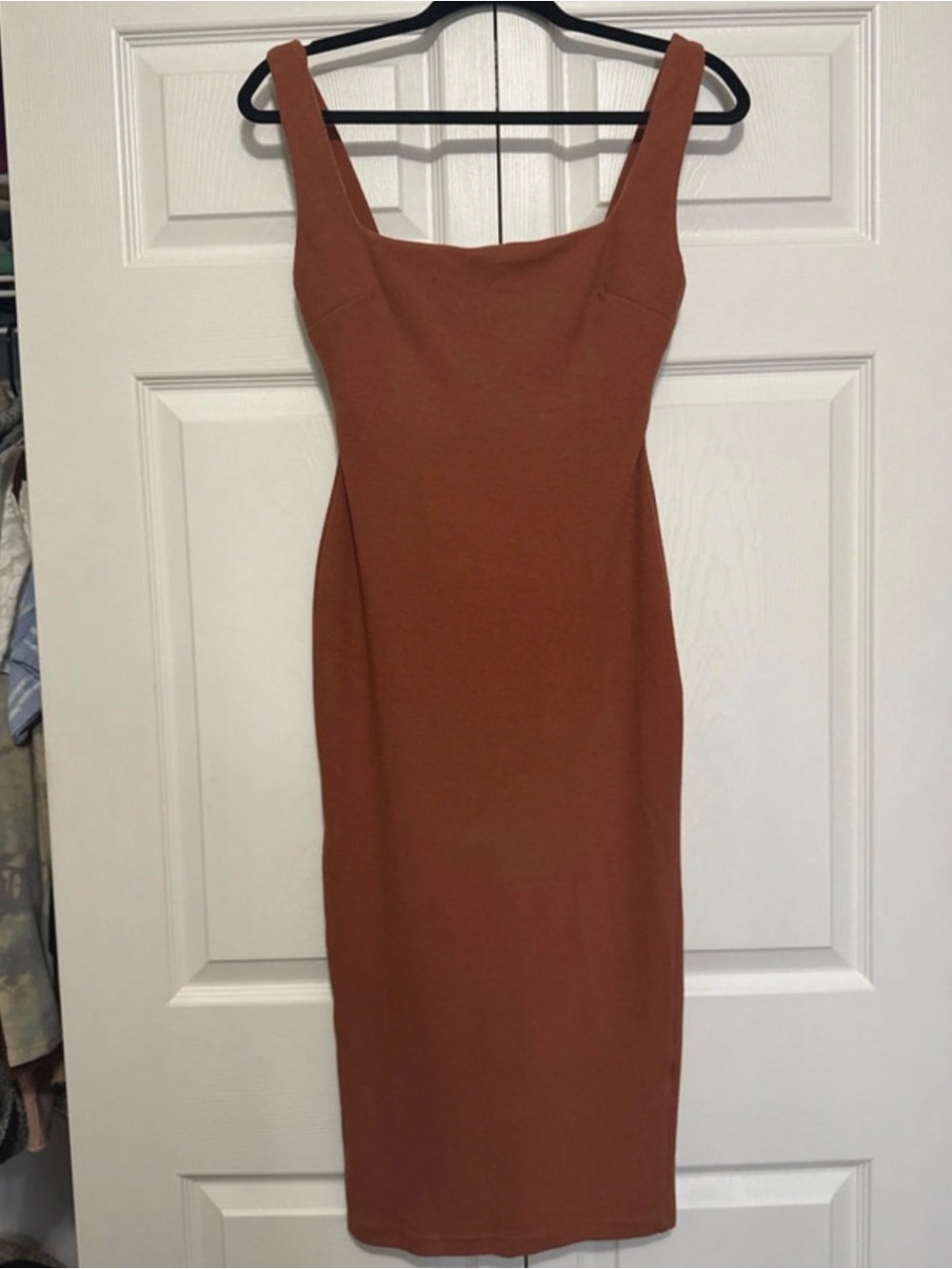 Sleeveless Square-Neck Midi Dress in Rust